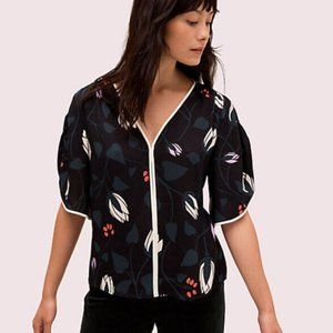 Kate Spade Size M Deco Bloom Crepe Blouse Black Floral Lotus Short Sleeve Spring